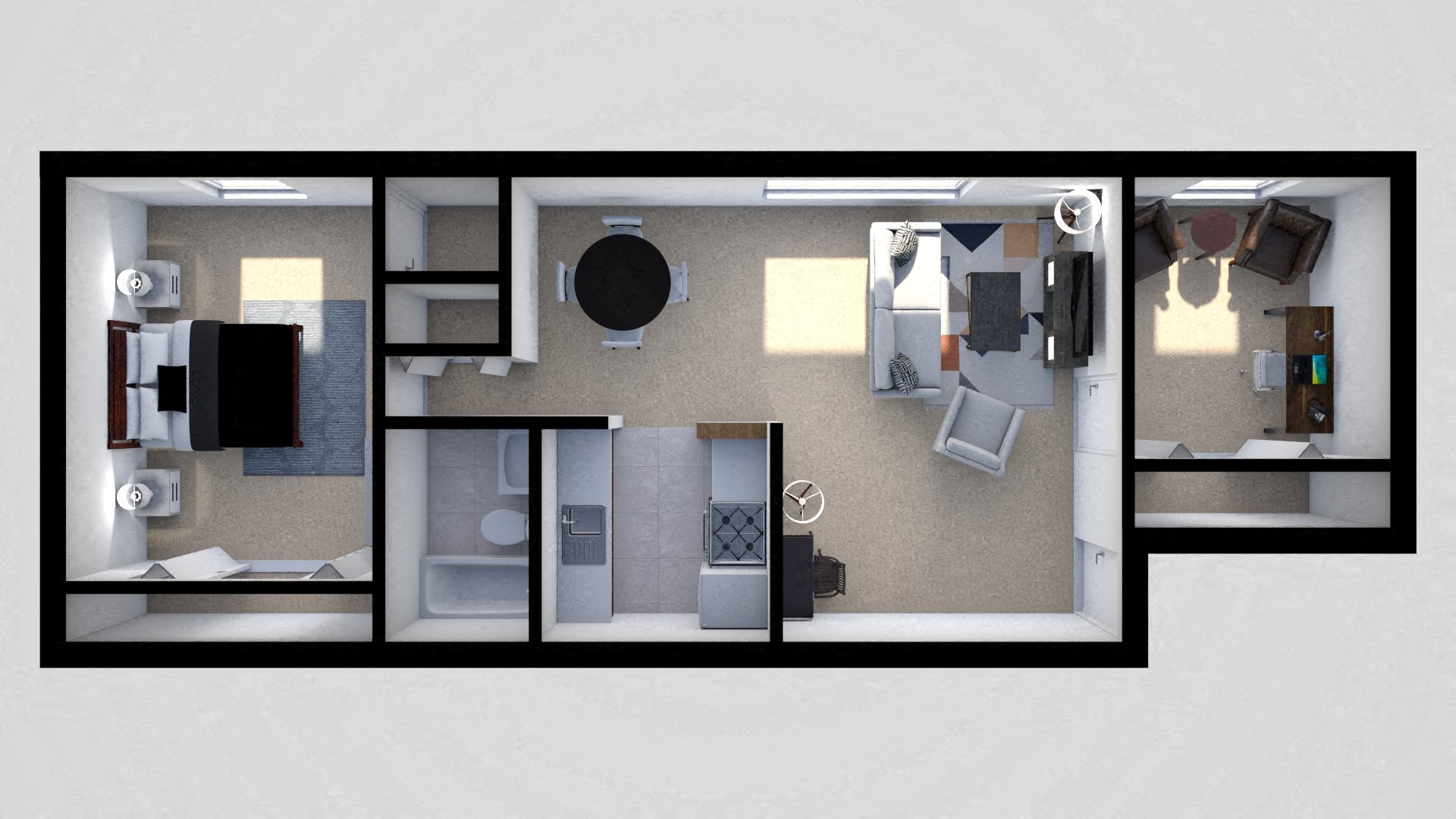 Floor plan for 1 bed, 1 bath, 613 sqft